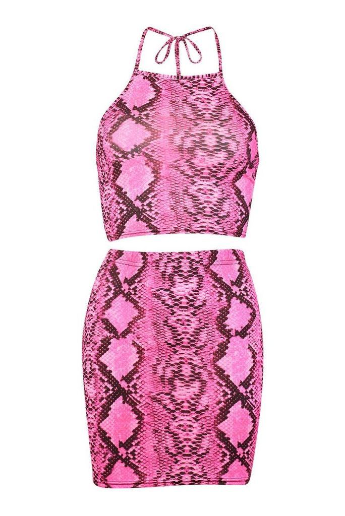 Womens Halterneck Neon Snake Print Mini Skirt Co-Ord - Pink - 10, Pink