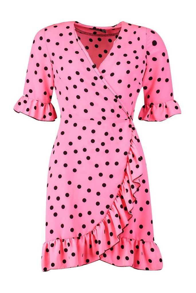 Womens Neon Spot Ruffle Front Tea Dress - Pink - 8, Pink