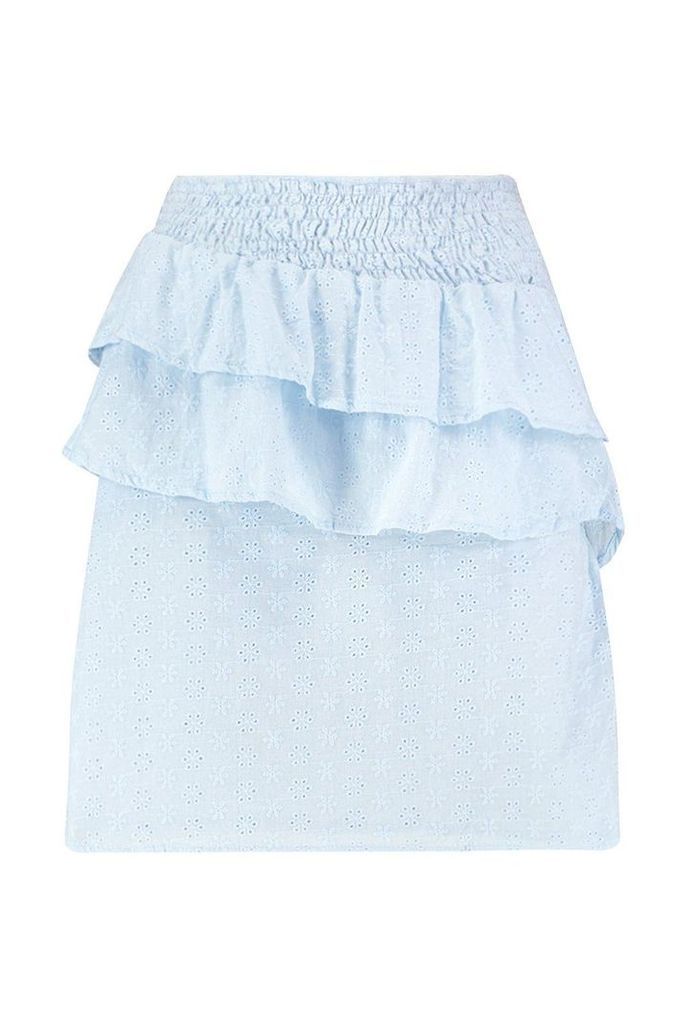 Womens Ruffle Broderie Mini Skirt - blue - 12, Blue