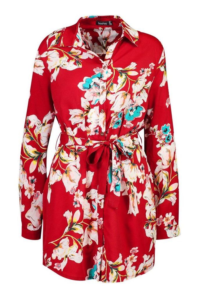 Womens Floral Shirt Dress - red - 14, Red