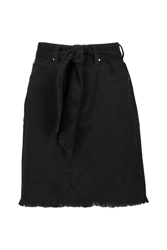 Womens Tall Tie Waist Denim Skirt - Black - 6, Black