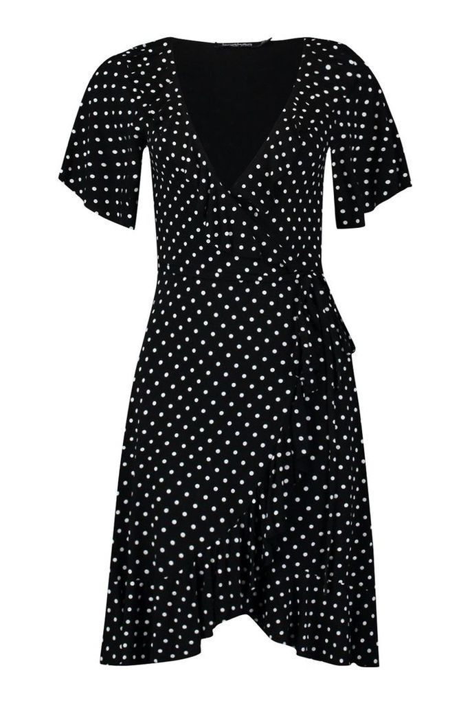 Womens Tall Hannah Polka Dot Wrap Dress - black - 14, Black