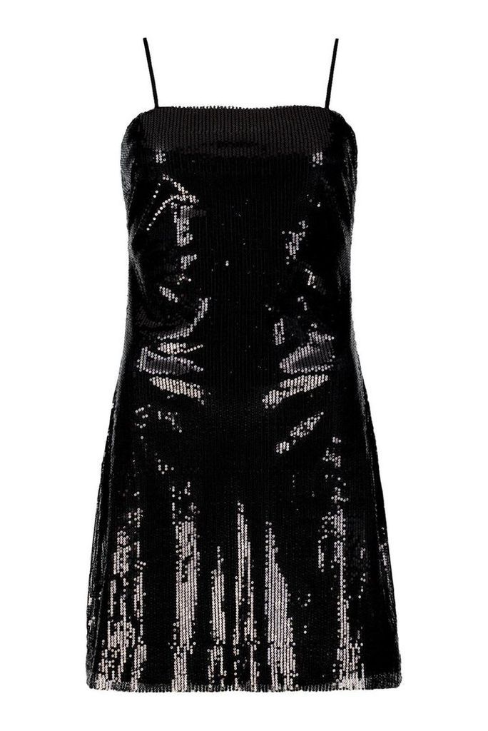 Womens Tall Sequin Square Neck Mini Bodycon Dress - Black - 6, Black