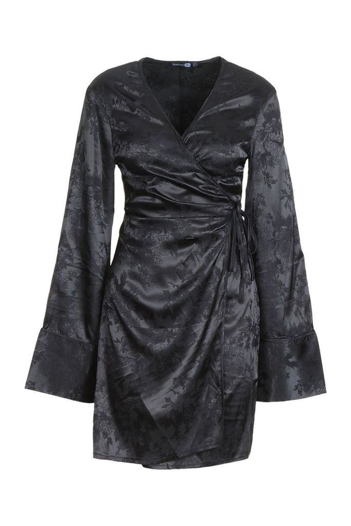 Womens Tall Jacquard Satin Kimono Dress - black - 12, Black