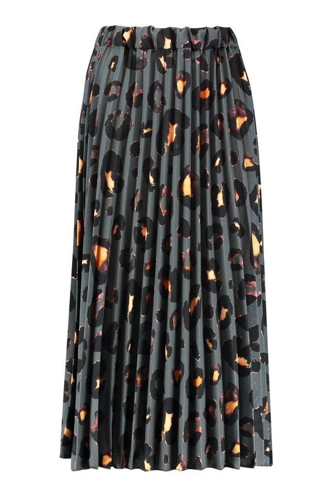 Womens Tall Leopard Print Pleated Midi Skirt - Grey - 14, Grey