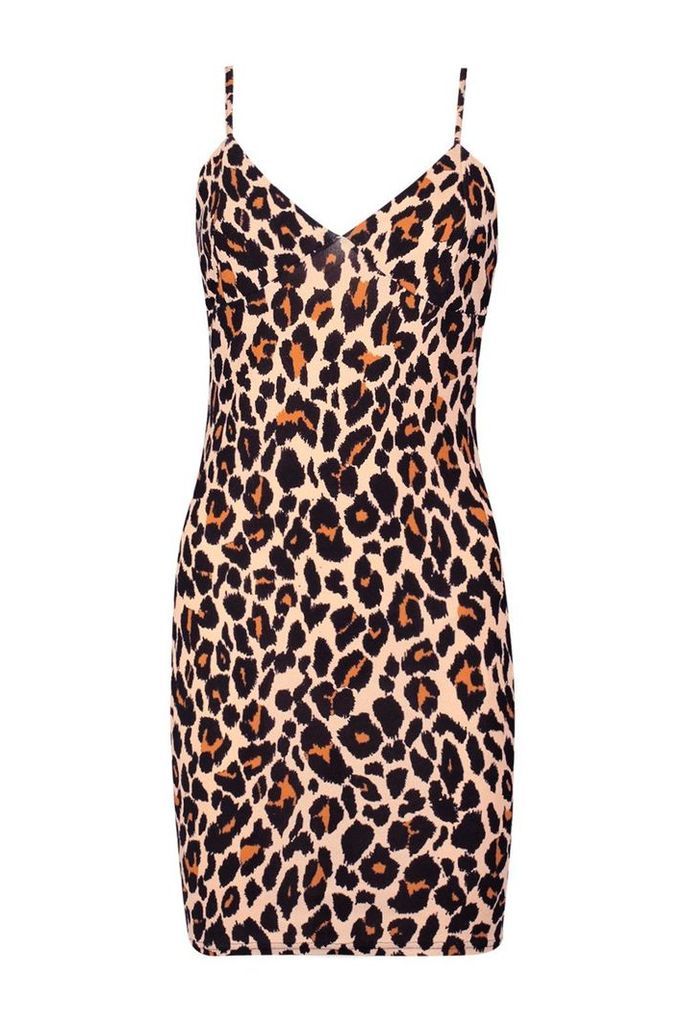 Womens Tall Leopard Strappy Bodycon Dress - Beige - 16, Beige