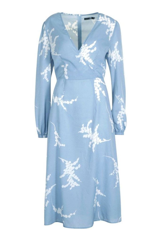 Womens Tall Floral Print Wrap Midi Dress - blue - 12, Blue