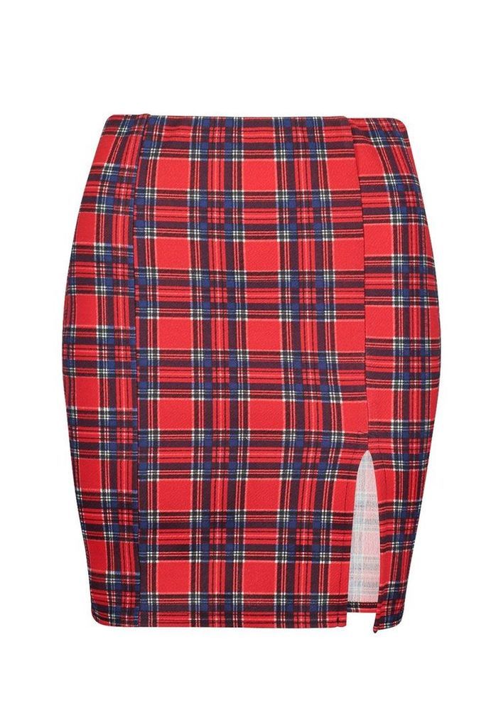 Womens Tartan Split Front Mini Skirt - red - 12, Red