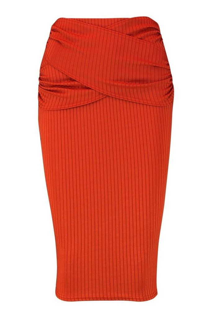 Womens Midi Ribbed Skirt - orange - 6, Orange