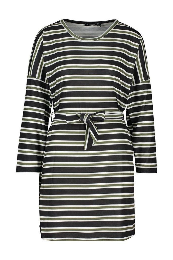 Womens Striped Jersey Easy Fit Sash Dress - green - 8, Green