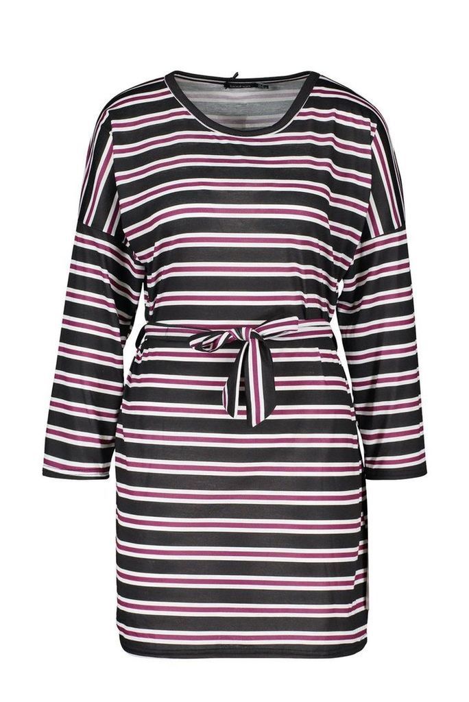 Womens Striped Jersey Easy Fit Sash Dress - red - 10, Red
