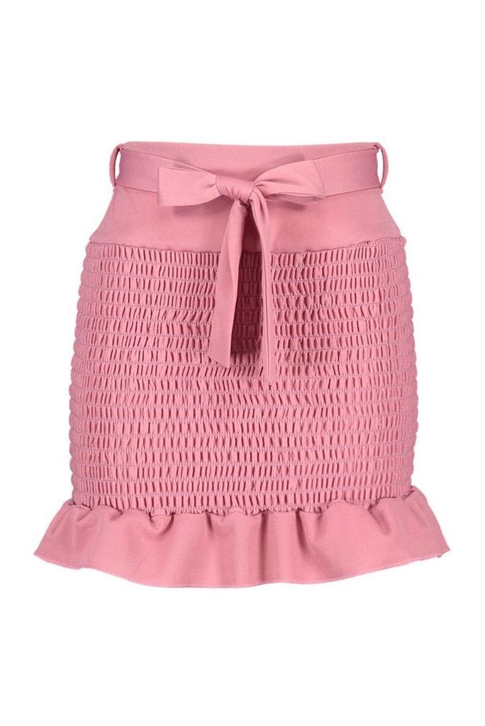 Womens Shirred Tie Waist Frill Hem Mini Skirt - pink - 14, Pink