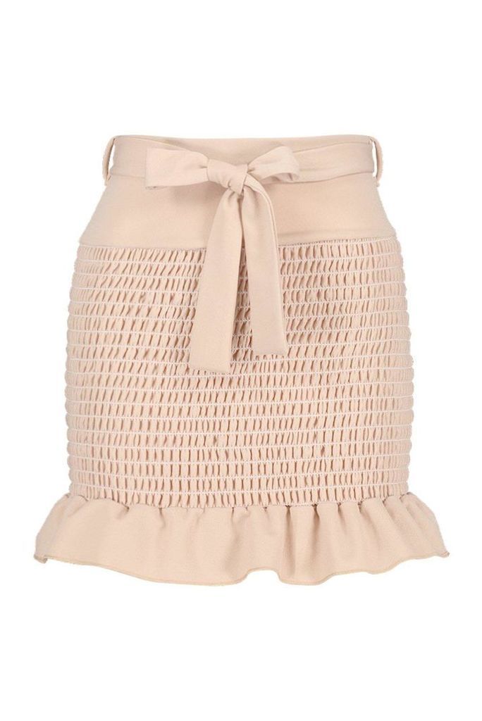 Womens Shirred Tie Waist Frill Hem Mini Skirt - beige - 14, Beige