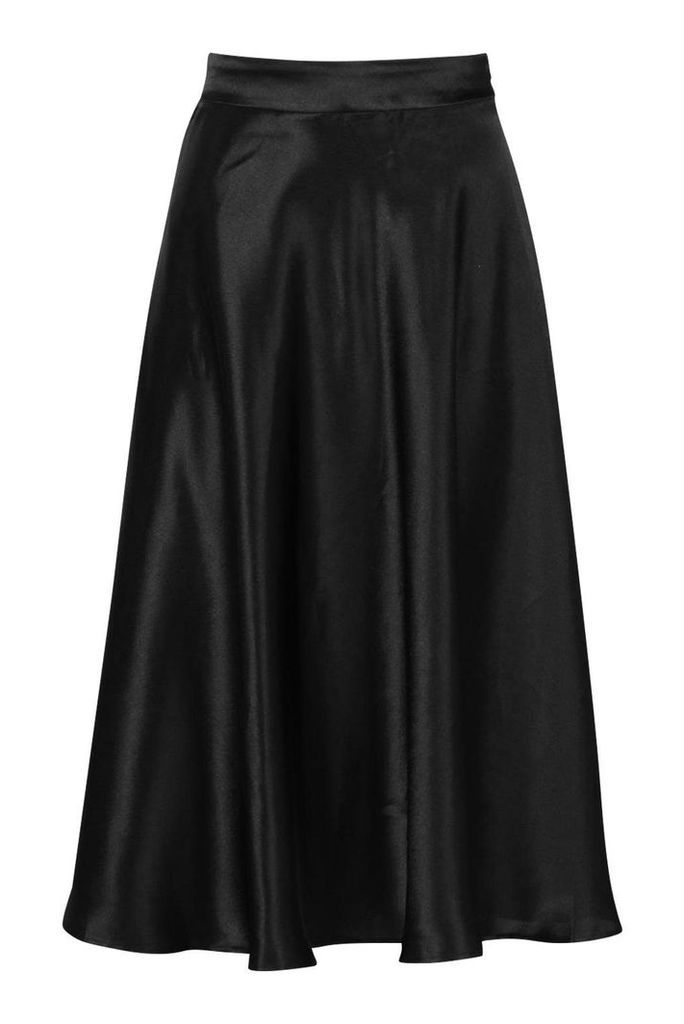 Womens Satin Full Midi Skirt - Black - 12, Black
