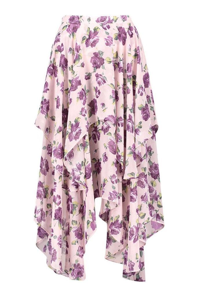 Womens Floral High Low Hem Maxi Skirt - purple - 14, Purple