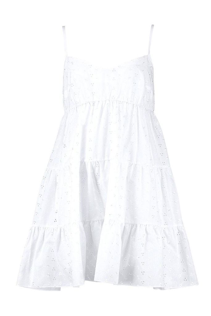Womens Broderie Anglais Strappy Smock Dress - white - 14, White