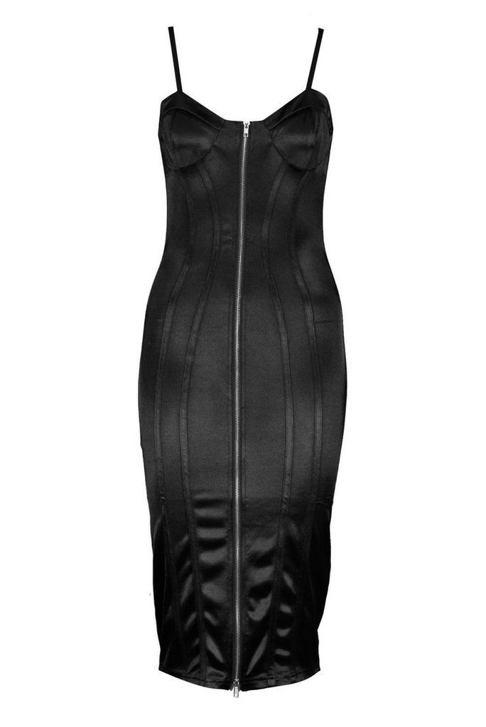 Womens Stretch Satin Corset Detail Midi Dress - black - 8, Black