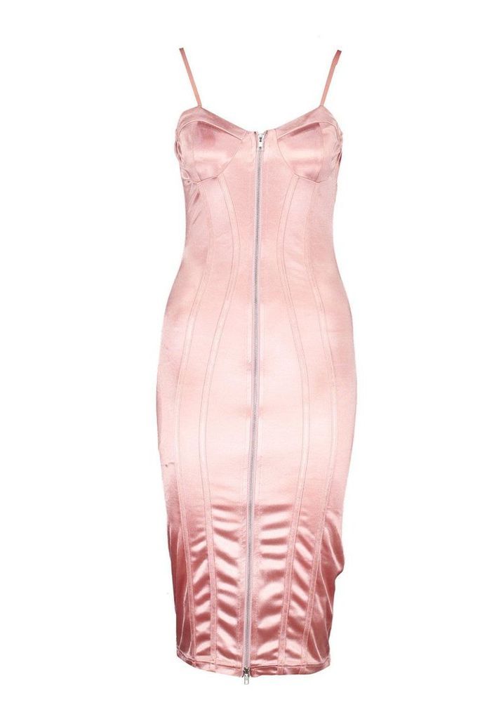 Womens Stretch Satin Corset Detail Midi Dress - pink - 10, Pink