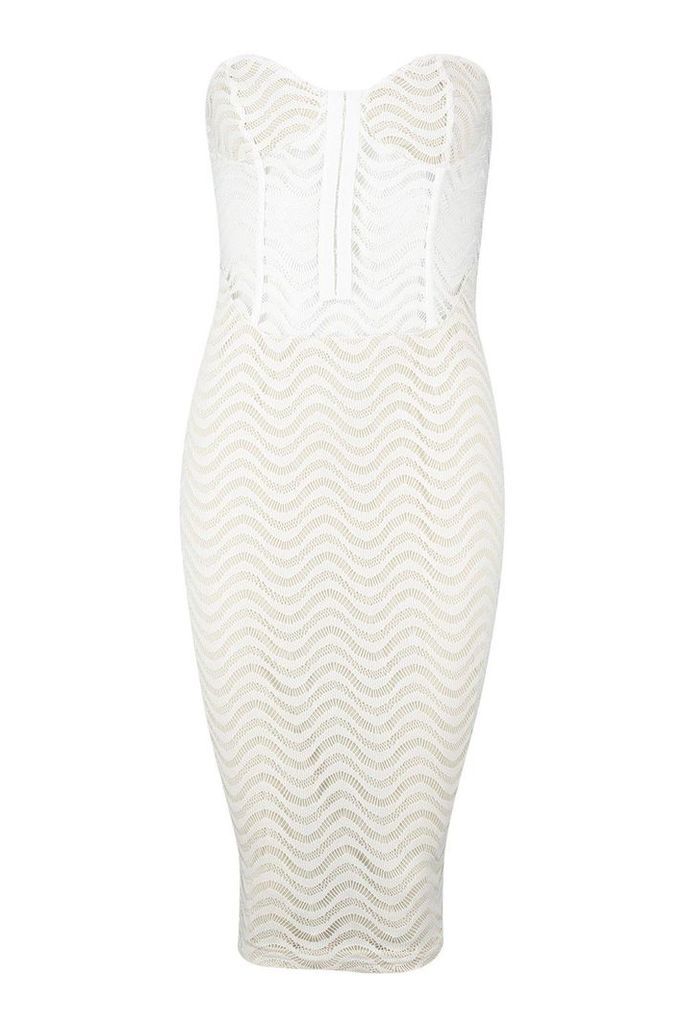 Womens Bandeau Corset Detail Mesh Midi Dress - white - 6, White
