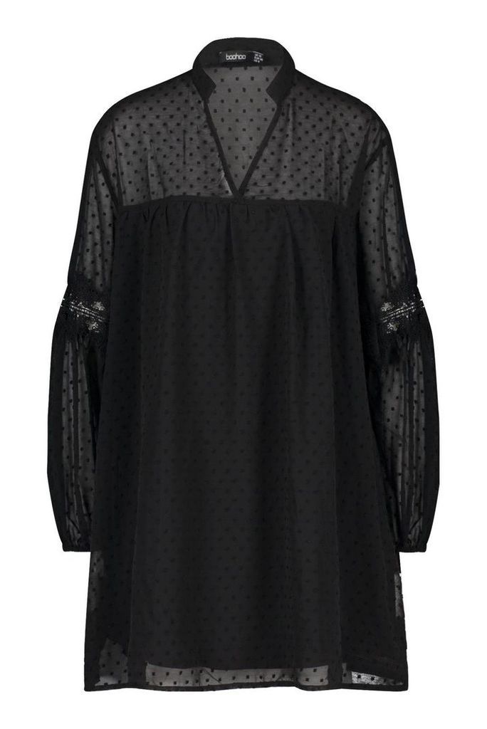Womens Dobby Lace Trim Smock Dress - black - 12, Black