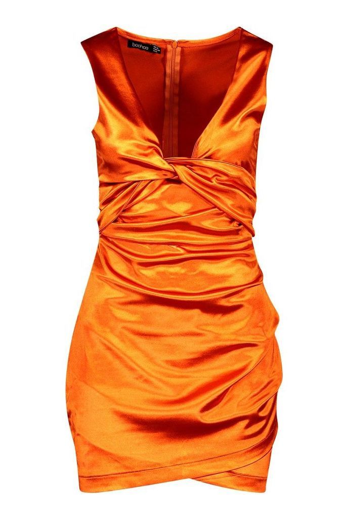 Womens Stretch Satin Twist Front Mini Dress - orange - 14, Orange