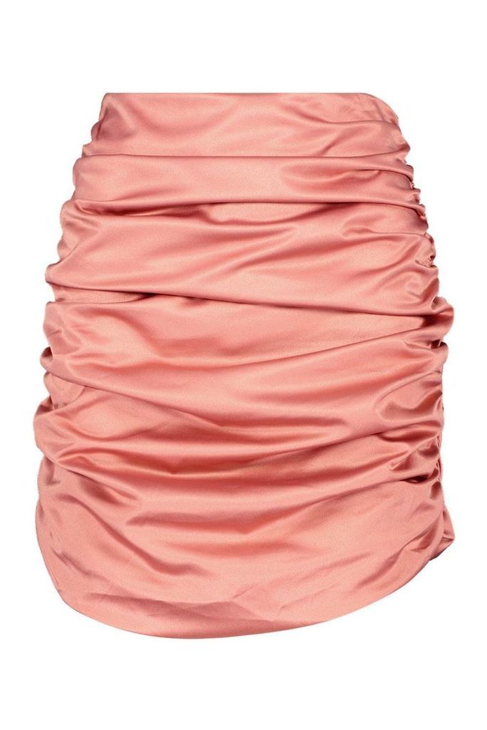 Womens Satin Ruched Mini Skirt - Pink - 12, Pink