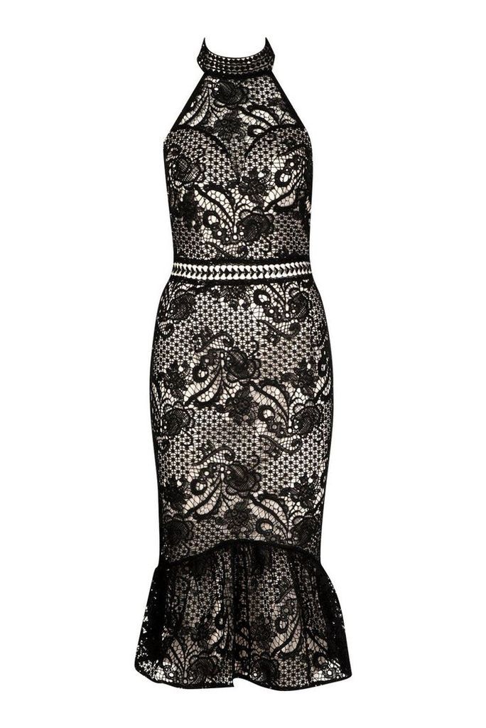 Womens Lace Halterneck Fishtail Midi Dress - Black - 6, Black