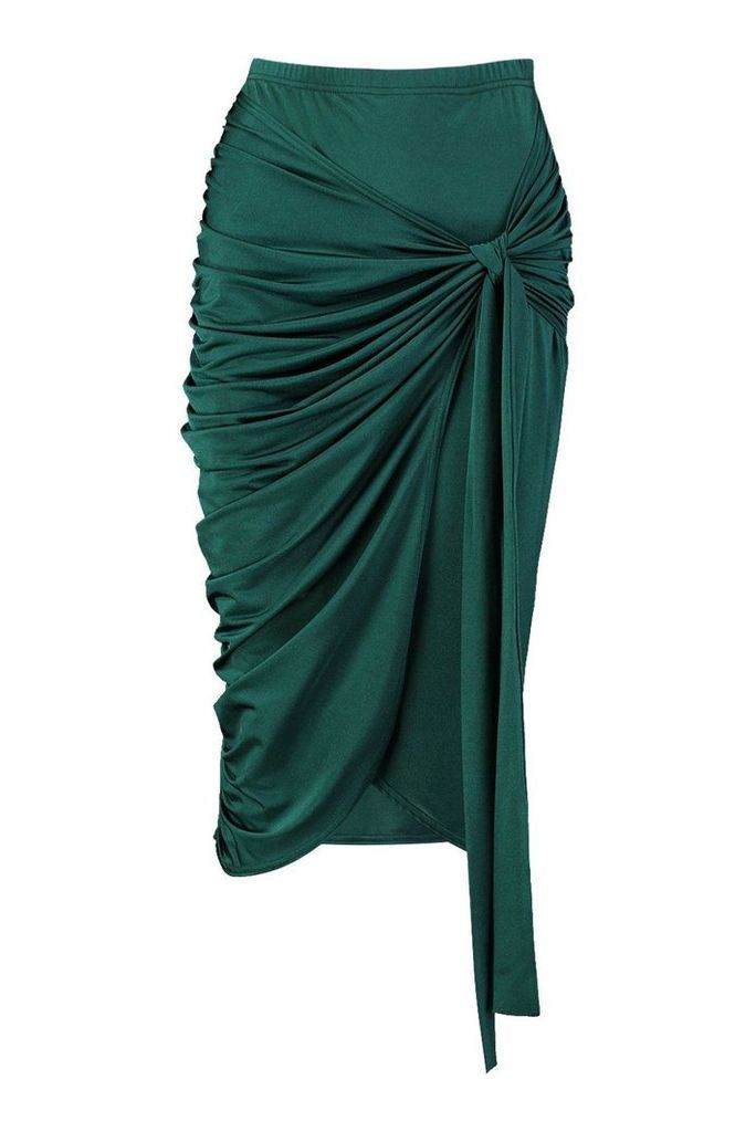 Womens Slinky Wrap Tie Ruched Midi Skirt - Green - 6, Green