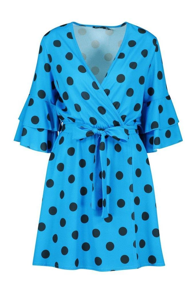 Womens Polka Dot Ruffle Sleeve Wrap Skater Dress - blue - 8, Blue