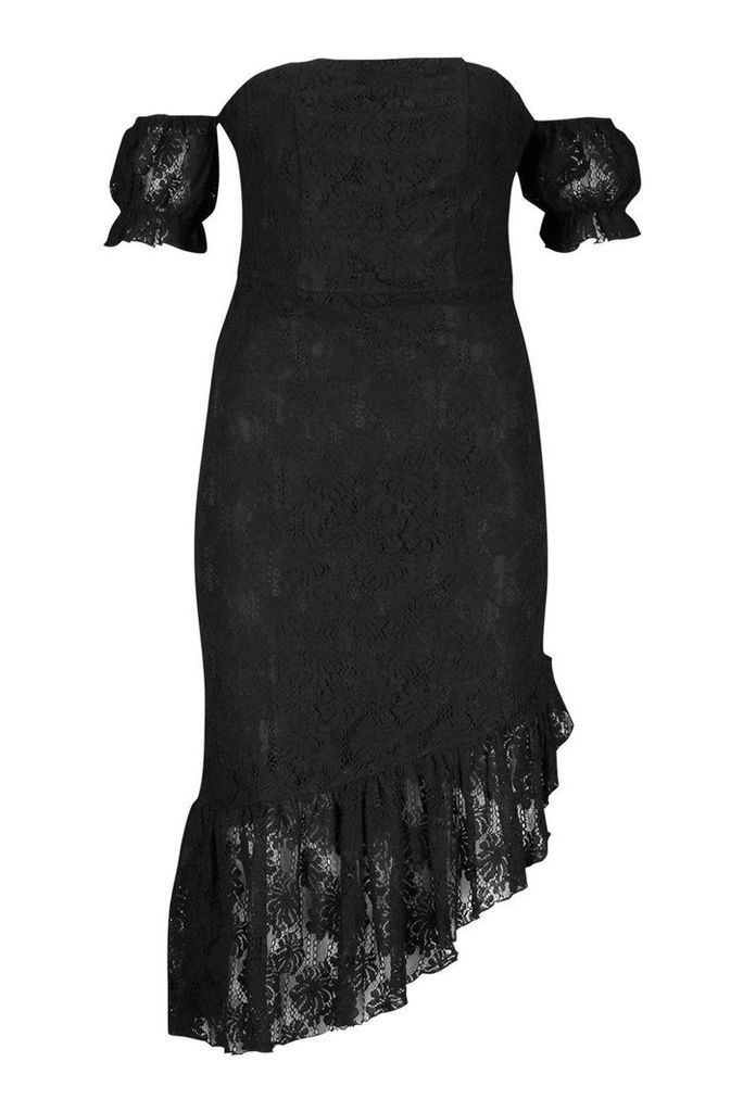 Womens Off The Shoulder Lace Frill Hem Midi Dress - black - 10, Black