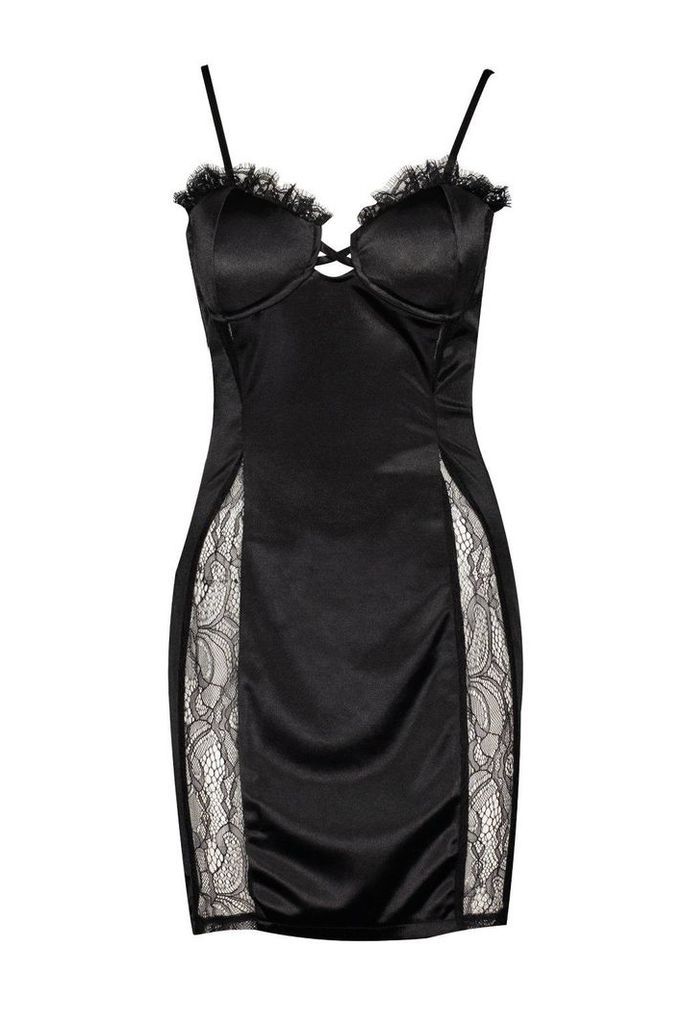 Womens Satin Cupped Lace Detail Mini Dress - black - 10, Black