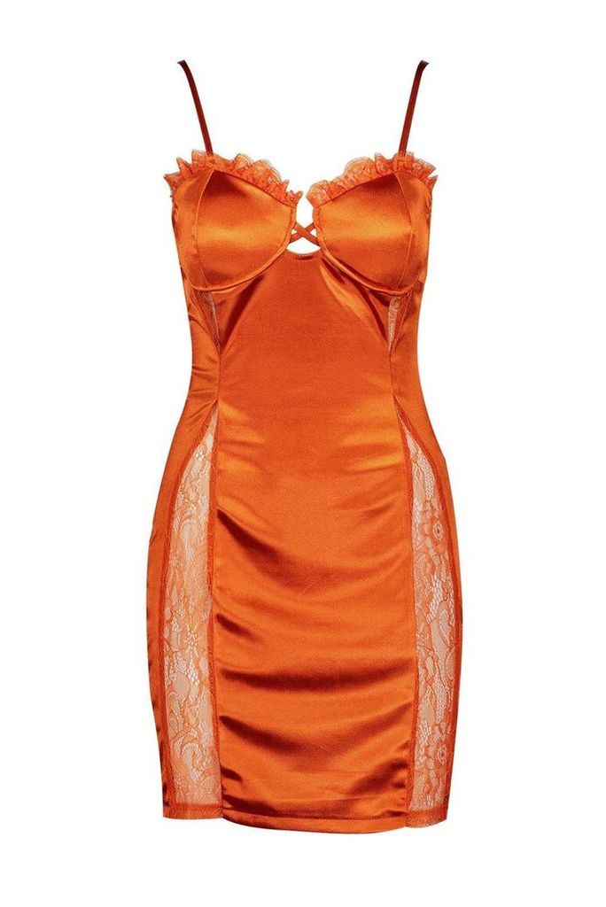 Womens Satin Cupped Lace Detail Mini Dress - orange - 10, Orange