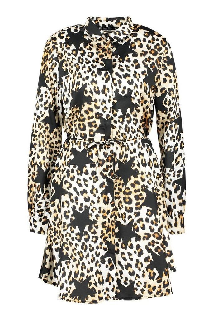Womens Satin Star Leopard Shirt Dress - beige - 10, Beige