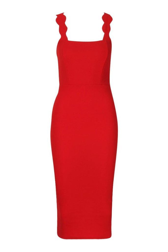 Womens Scallop Strap Midi Dress - red - 14, Red
