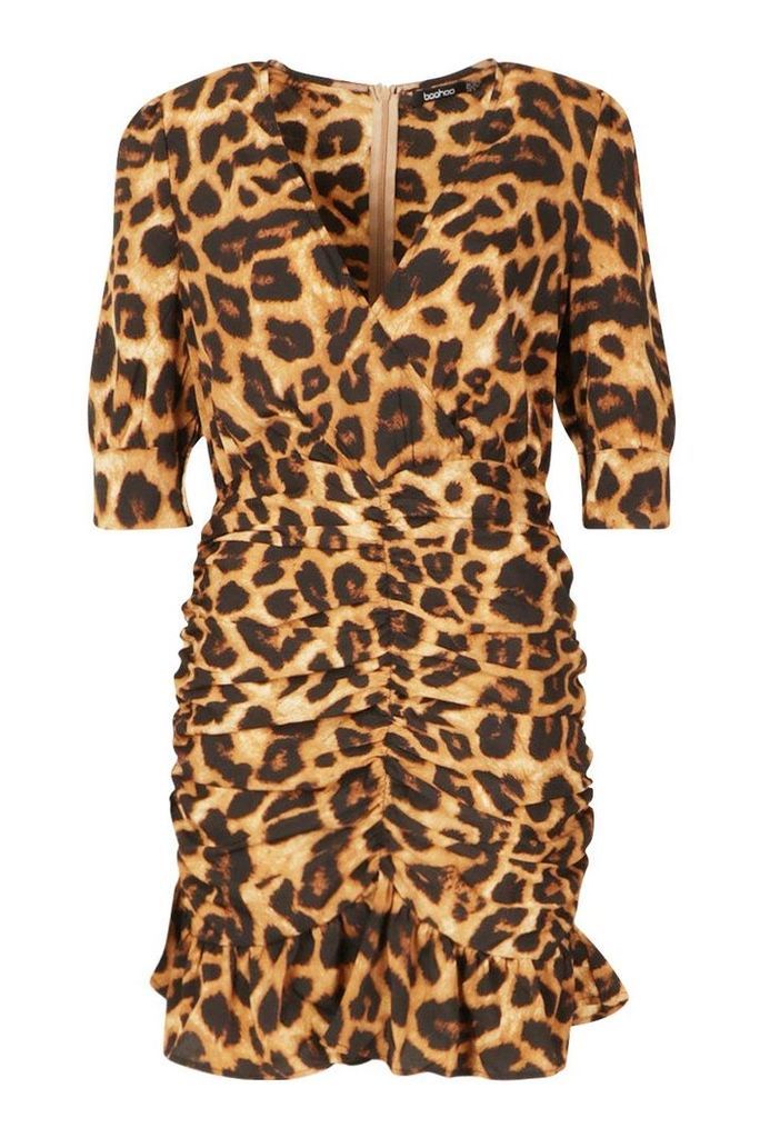 Womens Leopard Print Ruched Skirt Mini Dress - brown - 14, Brown