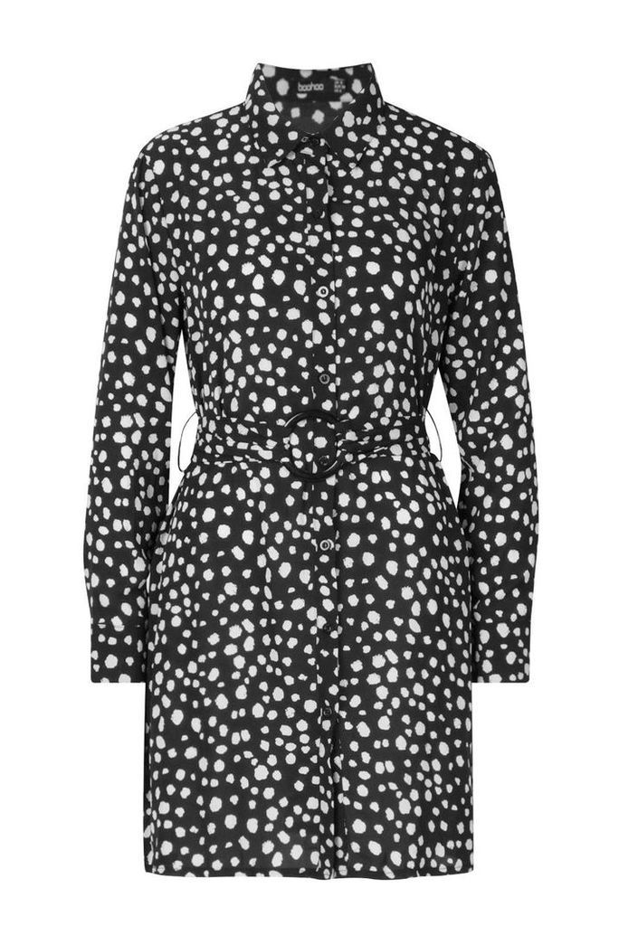 Womens Dalmatian Spot Belted Shirt Skater Dress - black - 16, Black