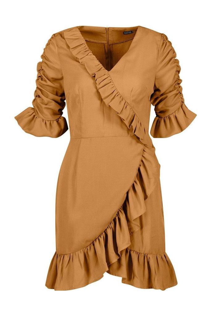 Womens Woven Extreme Ruffle Tea Dress - beige - 12, Beige