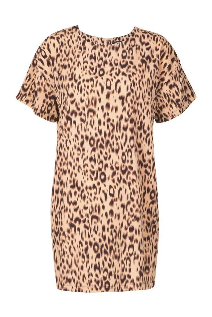 Womens Animal Leopard Print Shift Dress - Beige - 8, Beige