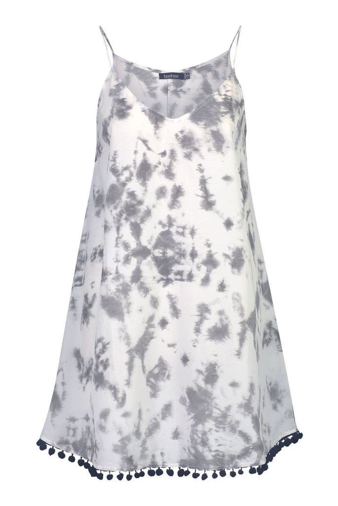 Womens Tie Dye Pom Pom Swing Dress - grey - 10, Grey