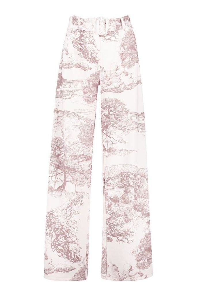 Womens All Over Printed Belted High Waist Trouser - beige - 14, Beige