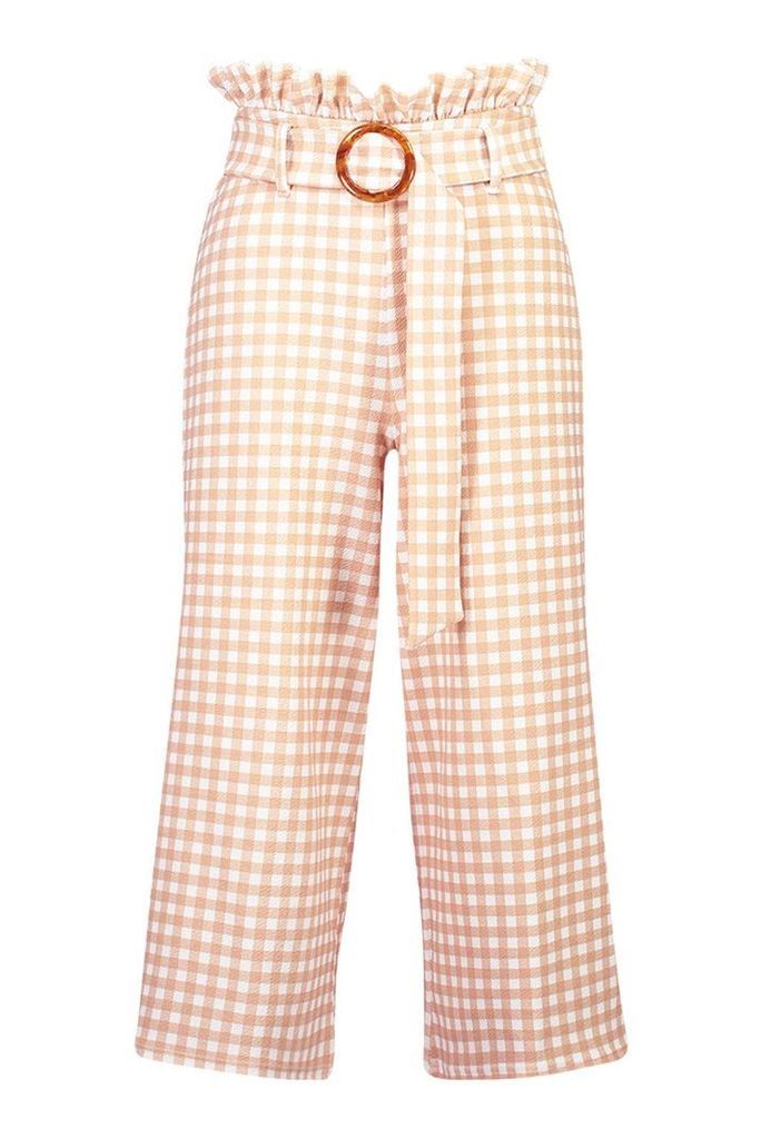 Womens Tonal Gingham Check Paperbag Culottes - Beige - 10, Beige