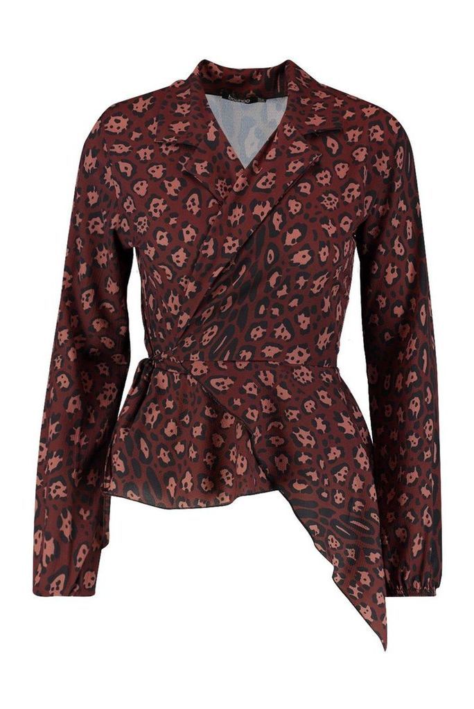 Womens Leopard Print Tie Wrap Ruffle Long Sleeve Blouse - brown - 8, Brown