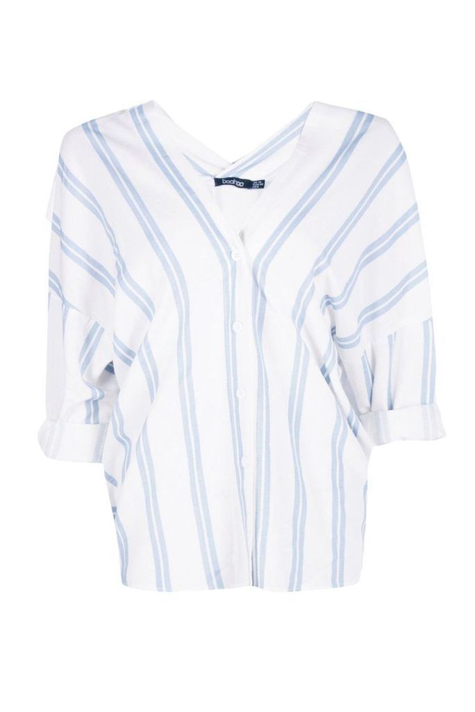 Womens Striped Button Through Collarless Shirt - blue - 8, Blue