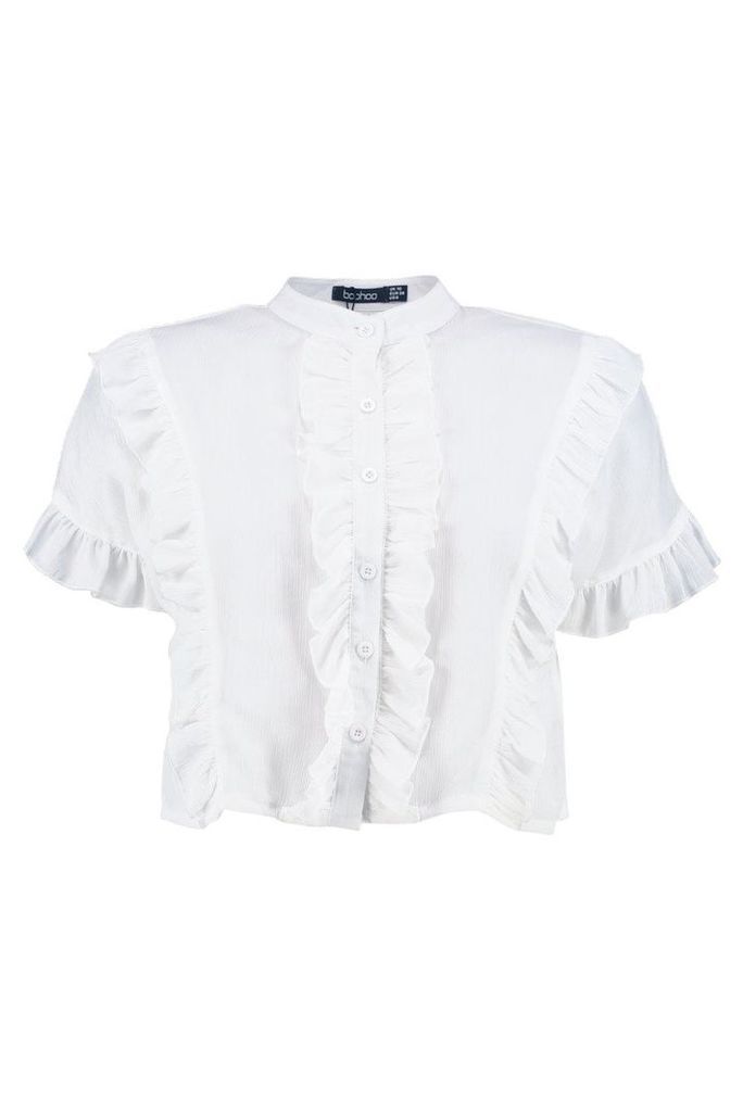 Womens Ruffle Short Sleeved Shirt - White - 14, White