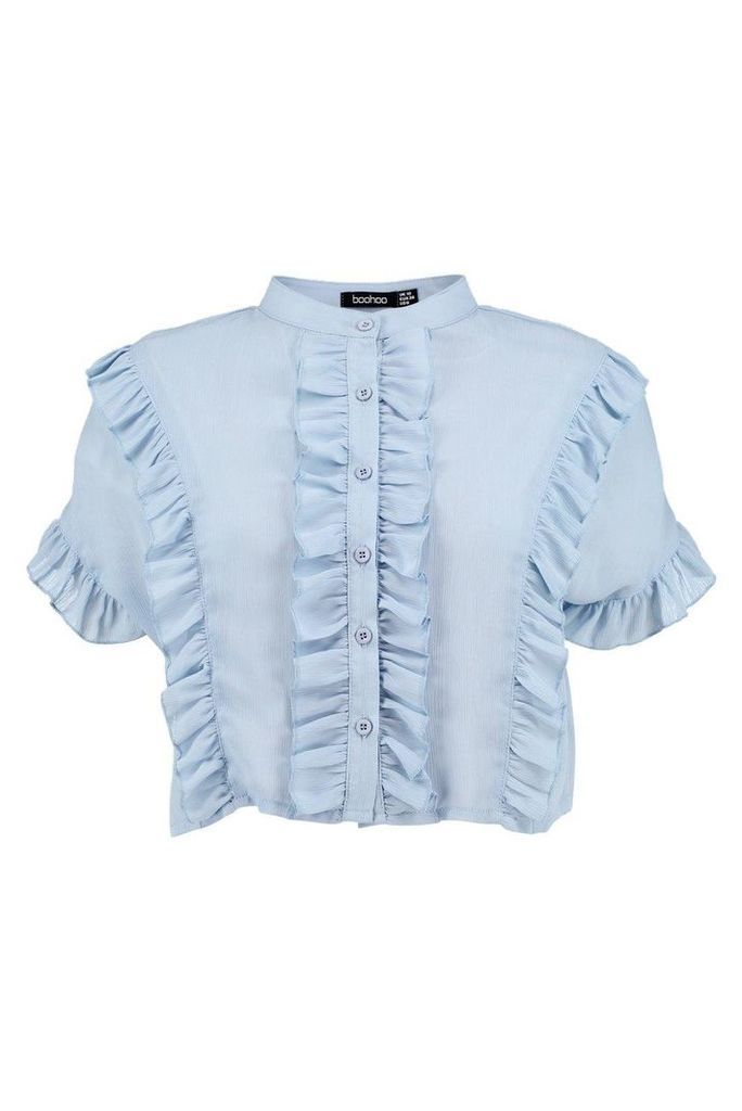 Womens Ruffle Short Sleeved Shirt - Blue - 8, Blue