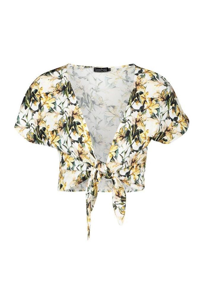Womens Floral Tie Front Top - yellow - 14, Yellow
