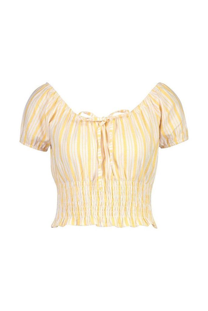 Womens Linen Stripe Puff Sleeve Shirred Top - yellow - 12, Yellow