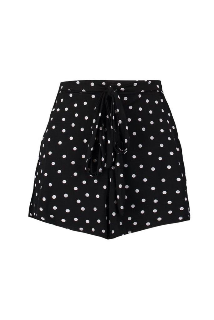 Womens Polka Dot Flippy Tie Belt Shorts - Black - 16, Black