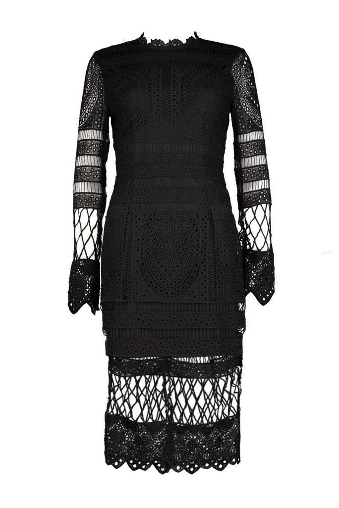 Womens Boutique Lace Panelled Midi Dress - black - 8, Black