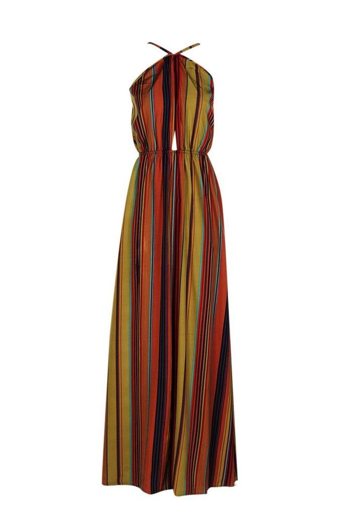 Womens Stripe Halter Cut Out Maxi Dress - brown - 10, Brown